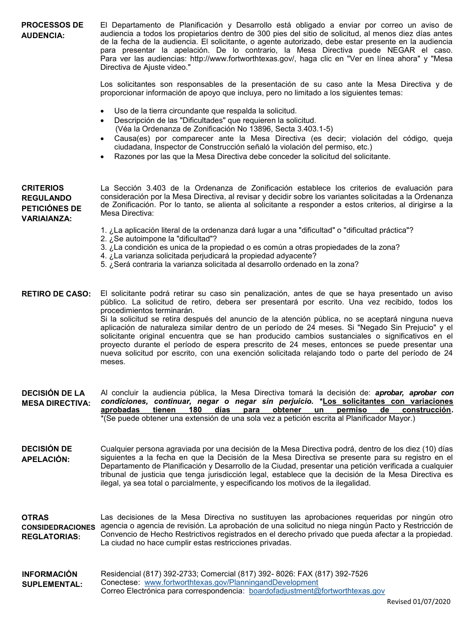 Solicitud a La Mesa Directiva De Ajuste De Zonificacion - City of Fort Worth, Texas (Spanish), Page 2