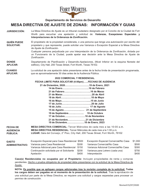 Solicitud a La Mesa Directiva De Ajuste De Zonificacion - City of Fort Worth, Texas (Spanish) Download Pdf