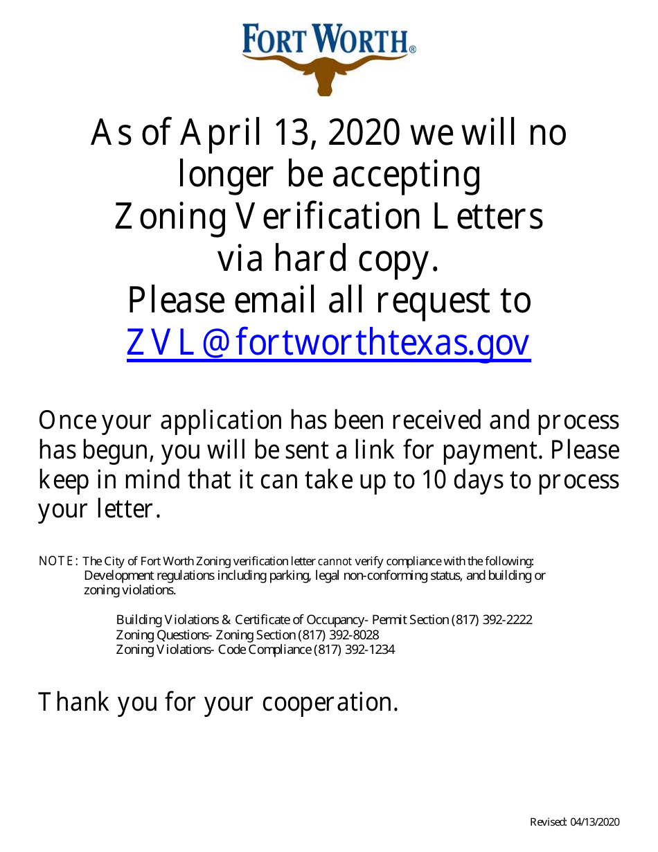 Request for Zoning Verification Letter - City of Fort Worth, Texas, Page 1