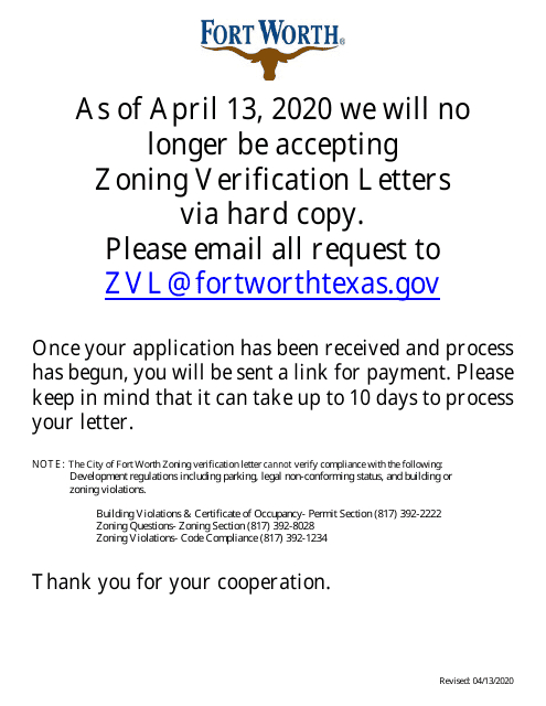 Request for Zoning Verification Letter - City of Fort Worth, Texas Download Pdf