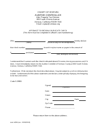 Document preview: Form 206 Individual Affidavit to Obtain a Duplicate Check - County of Ventura, California