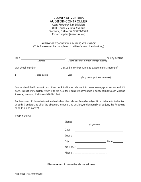 Form 206 Individual Affidavit to Obtain a Duplicate Check - County of Ventura, California