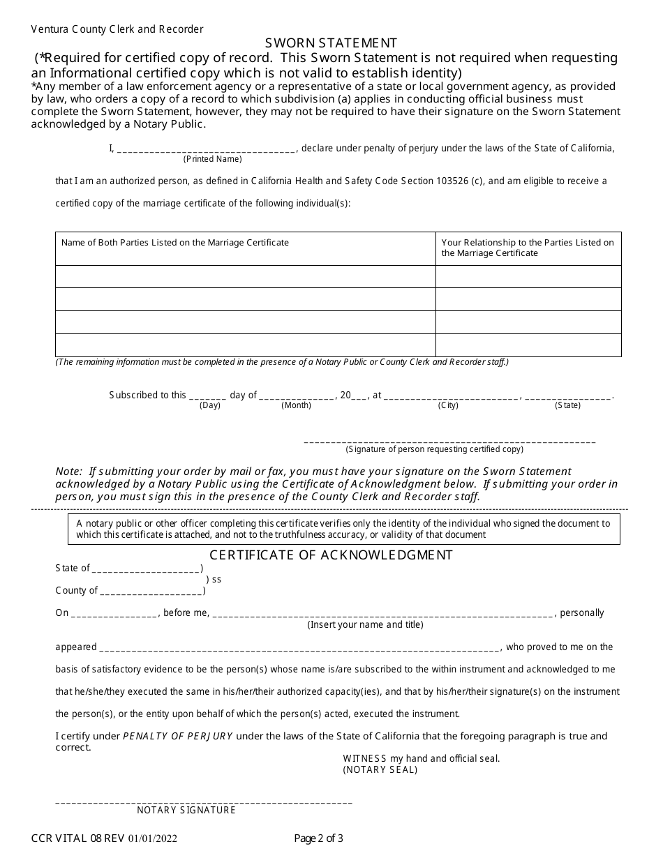 Form CCR VITAL08 Application for Certified Copy of a Marriage Record - Ventura County, California, Page 2