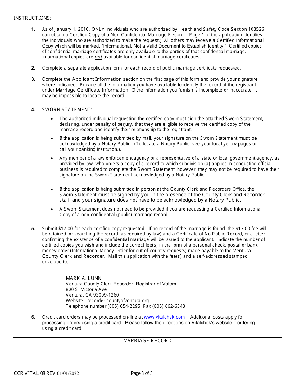 Form CCR VITAL08 Application for Certified Copy of a Marriage Record - Ventura County, California, Page 3