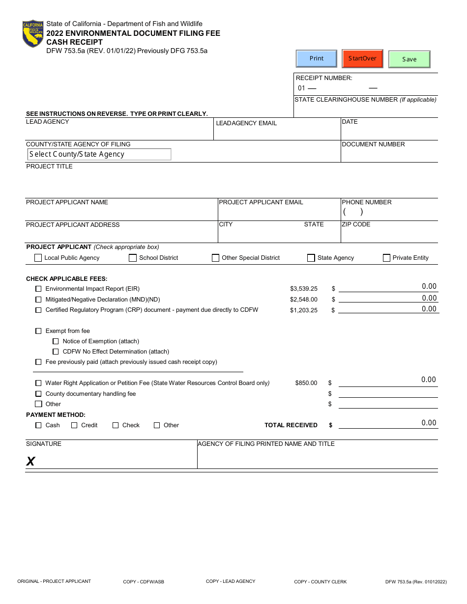 Form DFW753.5A Environmental Document Filing Fee Cash Receipt - California, Page 1