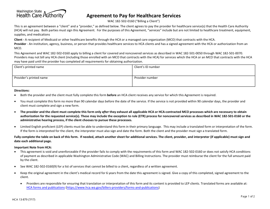 Form HCA13-879 Agreement to Pay for Healthcare Services - Washington, Page 1