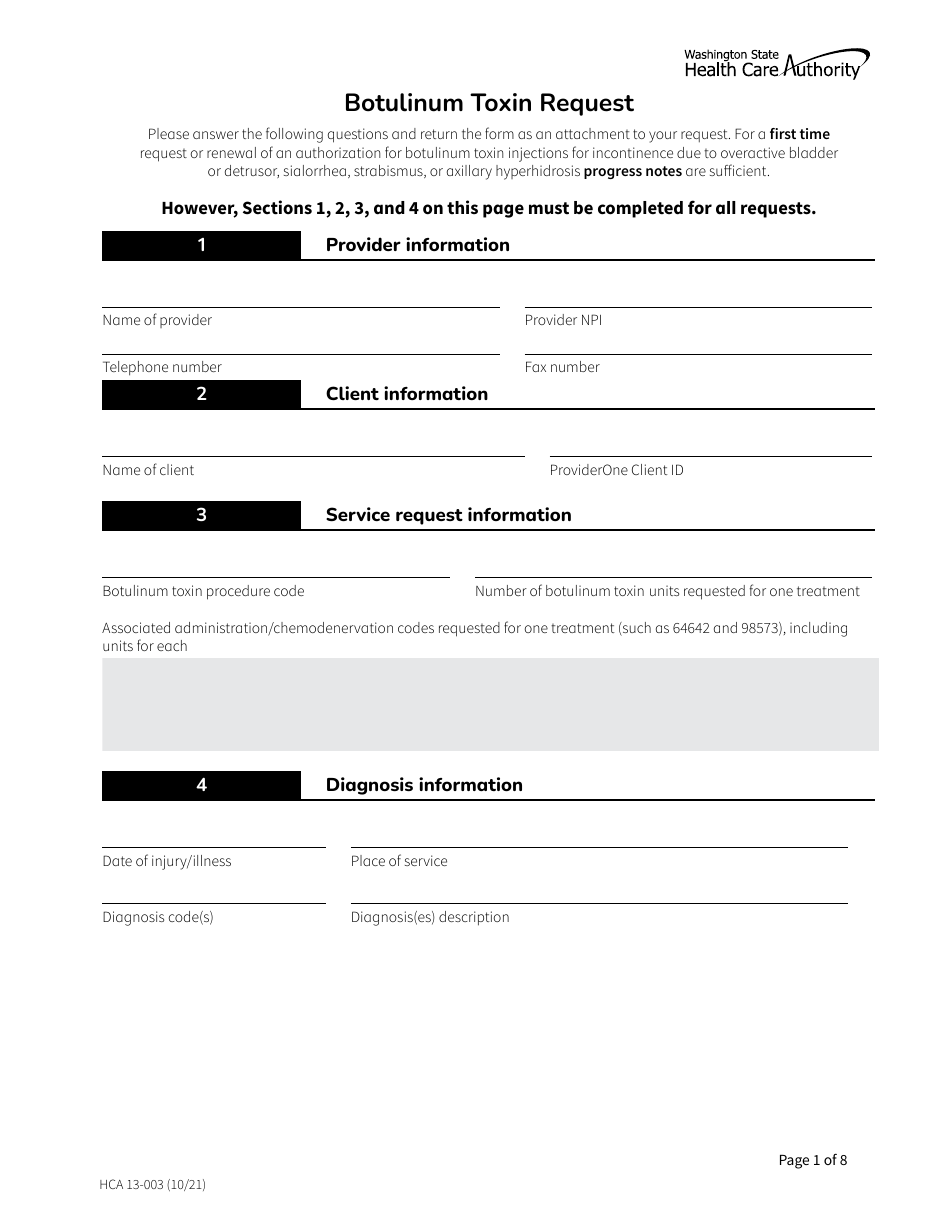 Form HCA13-003 Botulinum Toxin Request - Washington, Page 1