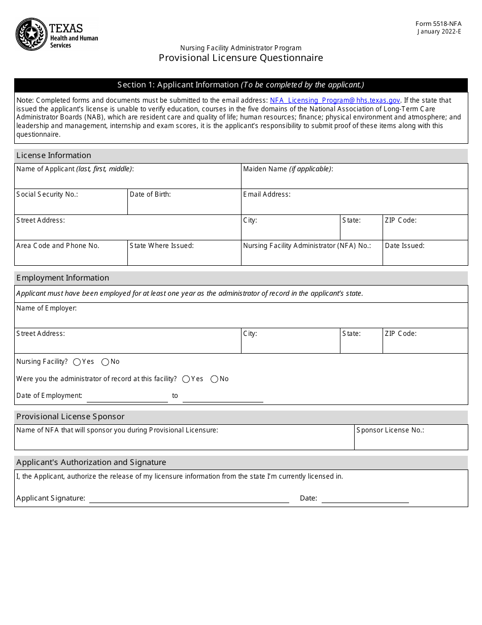 Form 5518-NFA Provisional Licensure Questionnaire - Texas, Page 1