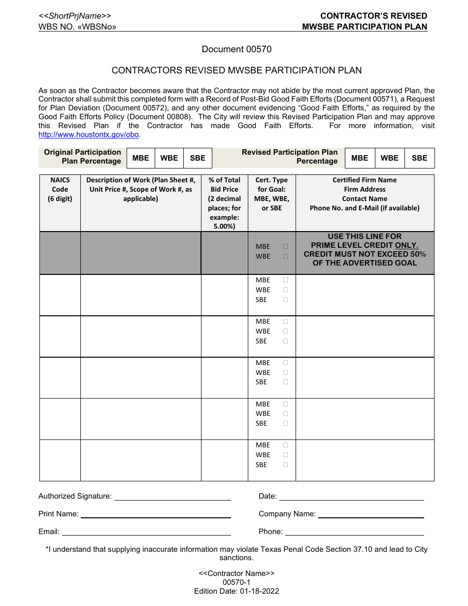 Form 00570 Contractors Revised Mwsbe Participation Plan - City of Houston, Texas, Page 1