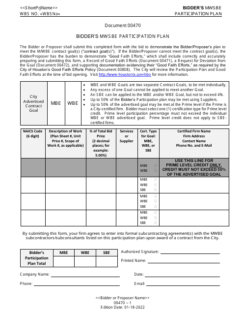 Form 00470 Bidder's Mwsbe Participation Plan - City of Houston, Texas