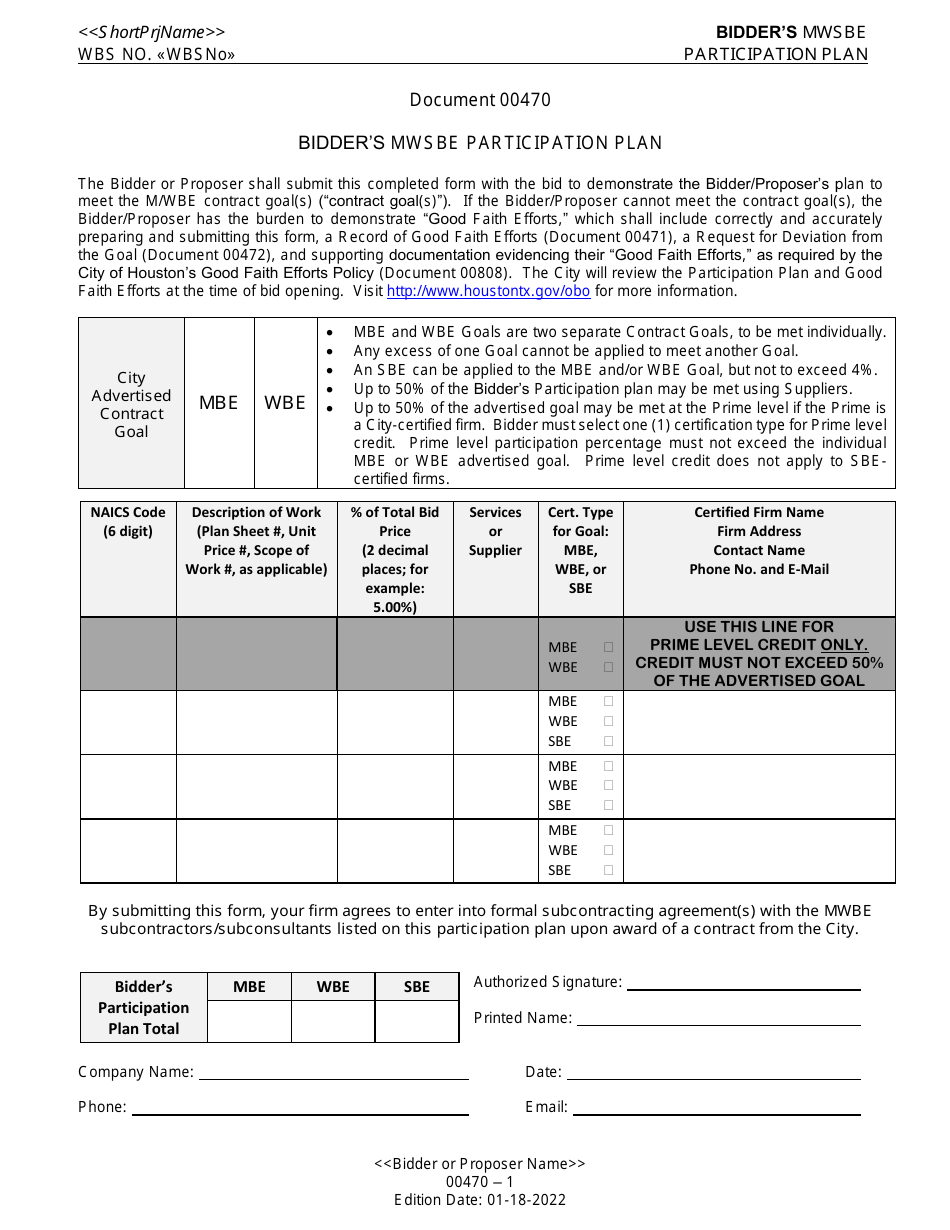 Form 00470 Bidders Mwsbe Participation Plan - City of Houston, Texas, Page 1
