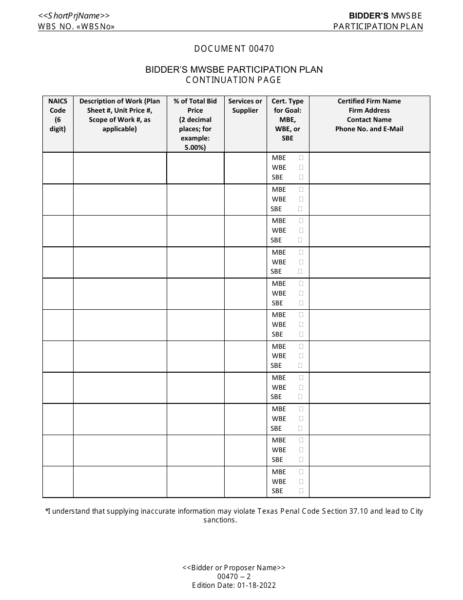 Form 00470 Bidders Mwsbe Participation Plan - City of Houston, Texas, Page 2