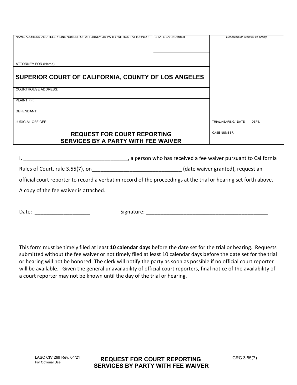 Form LACIV269 Request for Court Reporting Services by a Party With Fee Waiver - County of Los Angeles, California, Page 1
