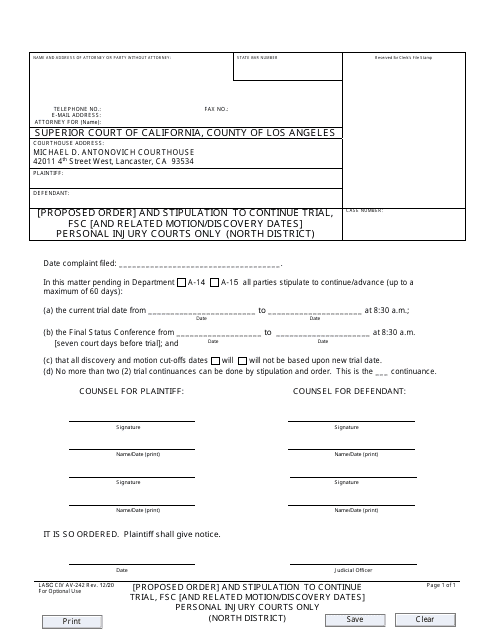 Form LACIV AV-242  Printable Pdf