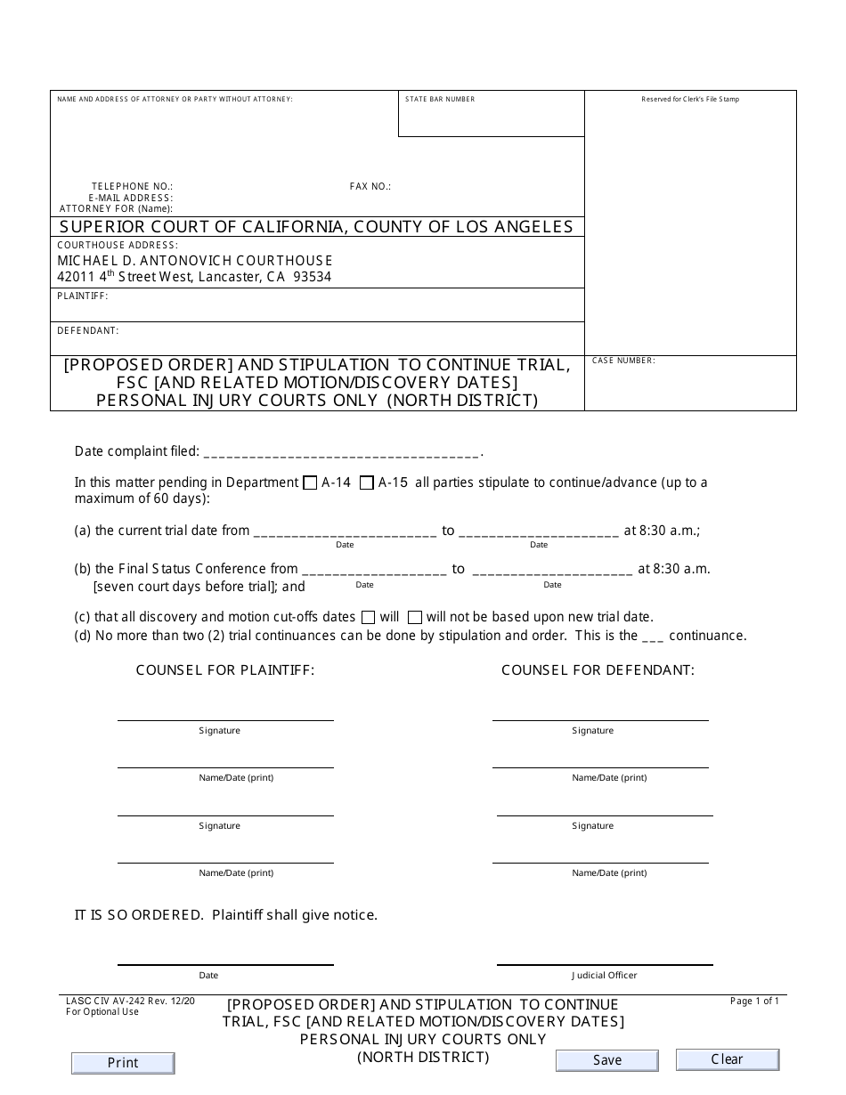 Form LACIV AV-242 Proposed Order and Stipulation to Continue Trial, FSC and Related Motion / Discovery Dates Personal Injury Courts Only (North District) - County of Los Angeles, California, Page 1