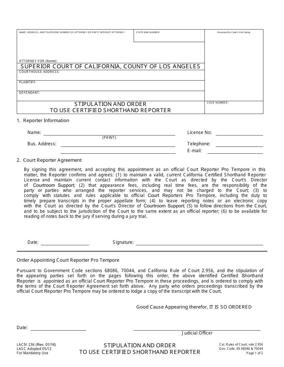 Form LACIV236 Stipulation and Order to Use Certified Shorthand Reporter - County of Los Angeles, California, Page 1