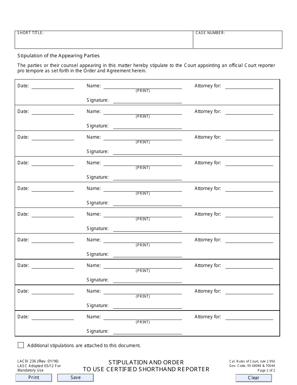 Form LACIV236 Stipulation and Order to Use Certified Shorthand Reporter - County of Los Angeles, California, Page 2