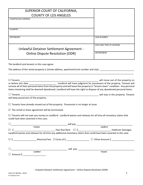 Form LACIV284 Unlawful Detainer Settlement Agreement - Online Dispute Resolution (Odr) - County of Los Angeles, California