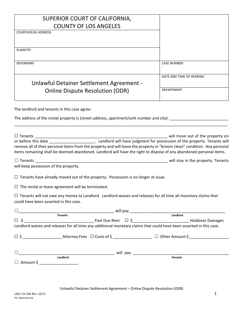 Form LACIV284 Unlawful Detainer Settlement Agreement - Online Dispute Resolution (Odr) - County of Los Angeles, California, Page 1