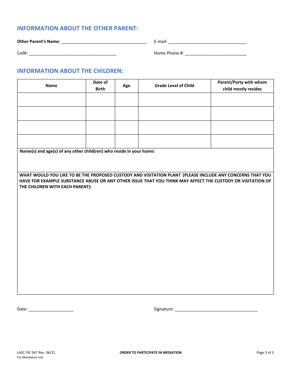 Form FCS047 Family Court Services Confidential Mediation Form - County of Los Angeles, California, Page 3