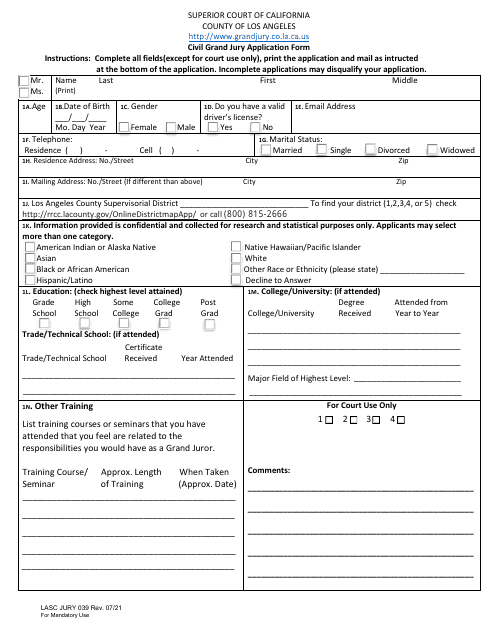 Form JURY039 Civil Grand Jury Application Form - County of Los Angeles, California