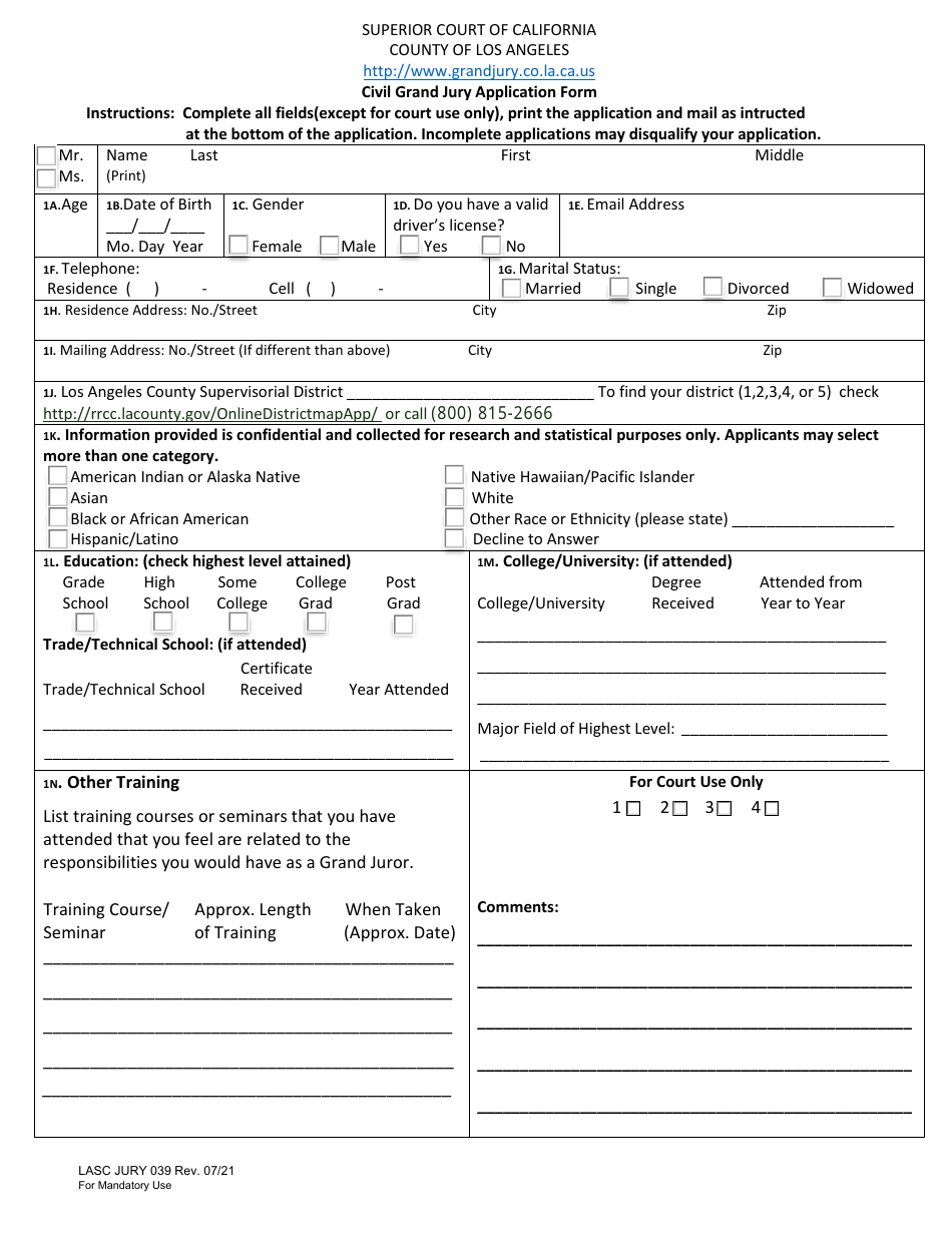 Form JURY039 Civil Grand Jury Application Form - County of Los Angeles, California, Page 1