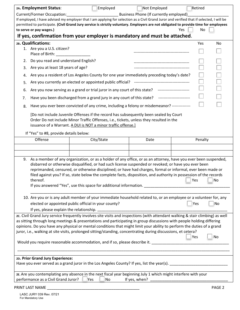 Form JURY039 Civil Grand Jury Application Form - County of Los Angeles, California, Page 2