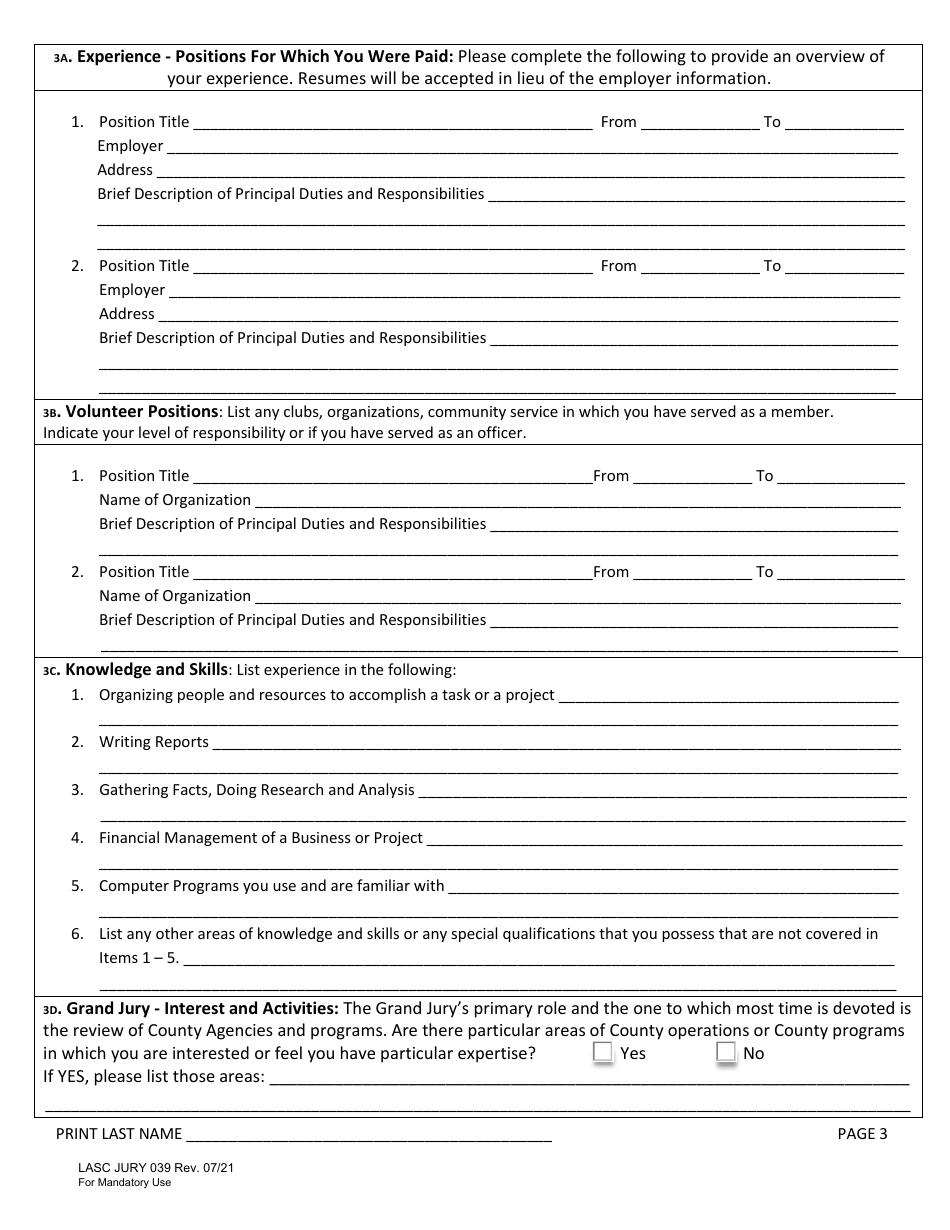 Form JURY039 Civil Grand Jury Application Form - County of Los Angeles, California, Page 3