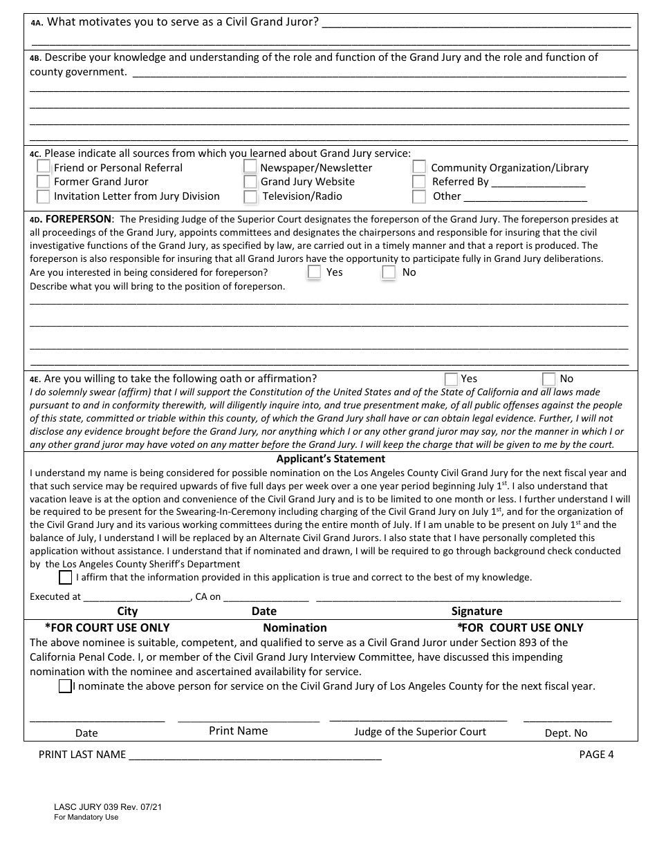 Form JURY039 Civil Grand Jury Application Form - County of Los Angeles, California, Page 4