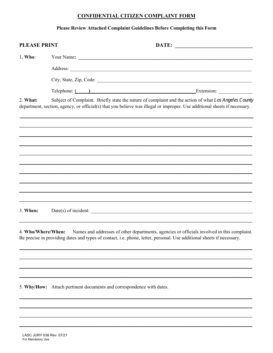 Form JURY038 Grand Jury Citizen Complaint Form - County of Los Angeles, California, Page 1