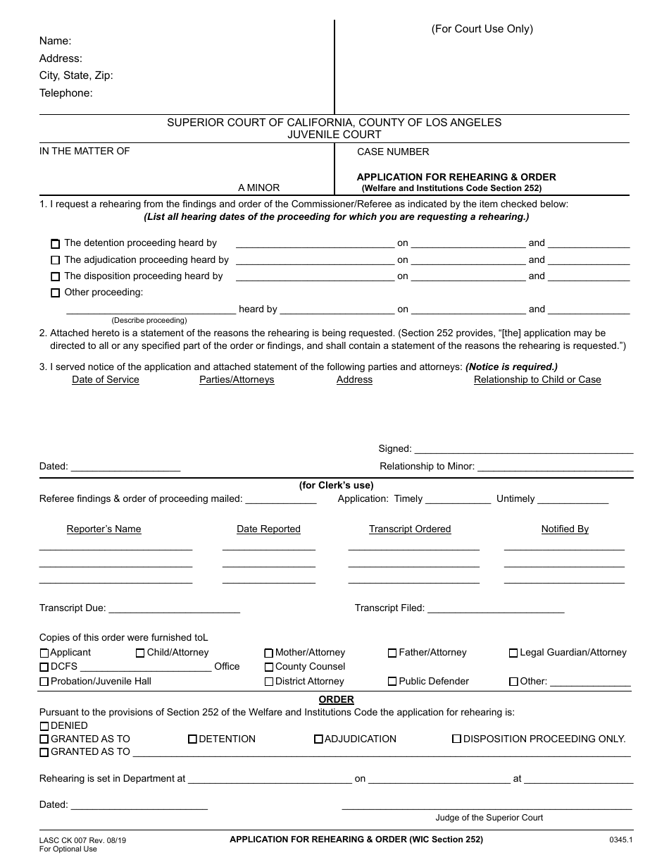 Form CK007 Application for Rehearing  Order (Welfare and Institutions Code Section 252) - County of Los Angeles, California, Page 1