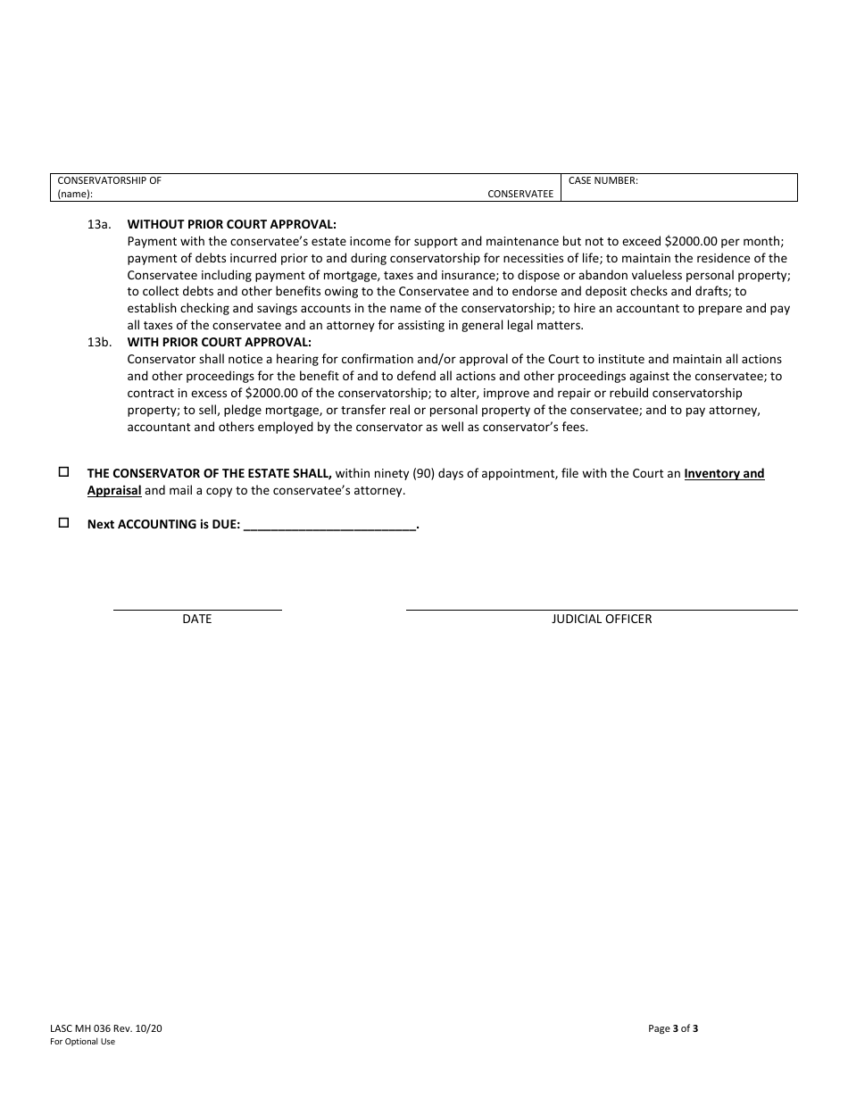 Form MH036 Order Reappointing Conservator - County of Los Angeles, California, Page 3