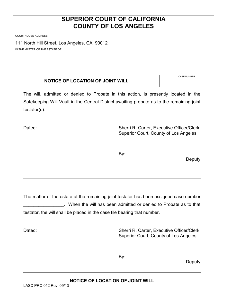Form PRO012 Notice of Location of Joint Will - County of Los Angeles, California, Page 1