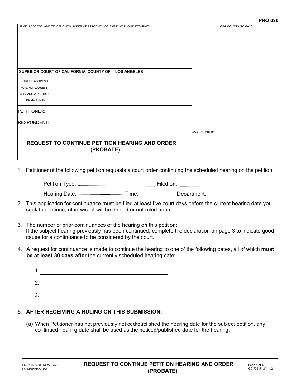Form PRO080 Request to Continue Petition Hearing and Order (Probate) - County of Los Angeles, California, Page 1