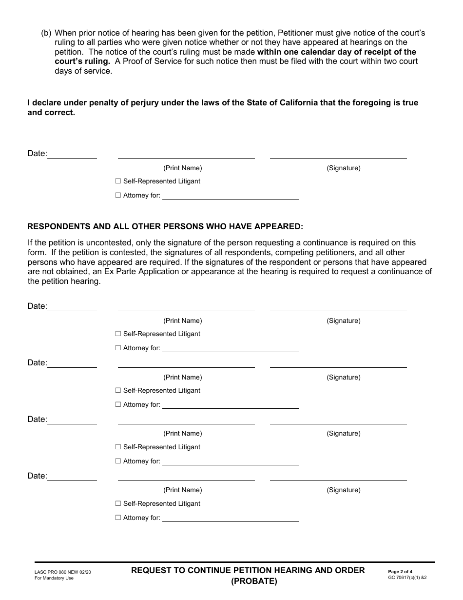 Form PRO080 Request to Continue Petition Hearing and Order (Probate) - County of Los Angeles, California, Page 2