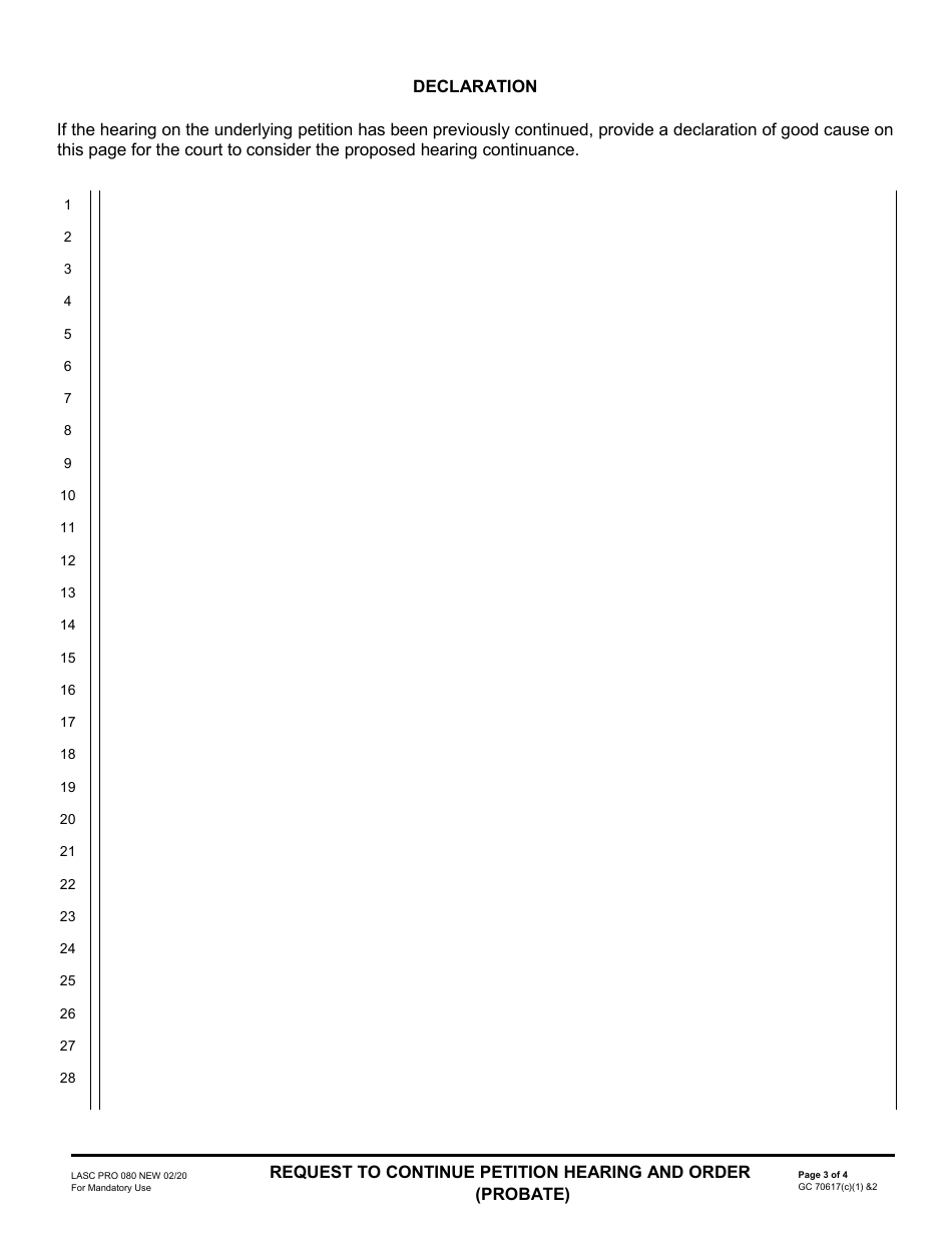 Form PRO080 Request to Continue Petition Hearing and Order (Probate) - County of Los Angeles, California, Page 3