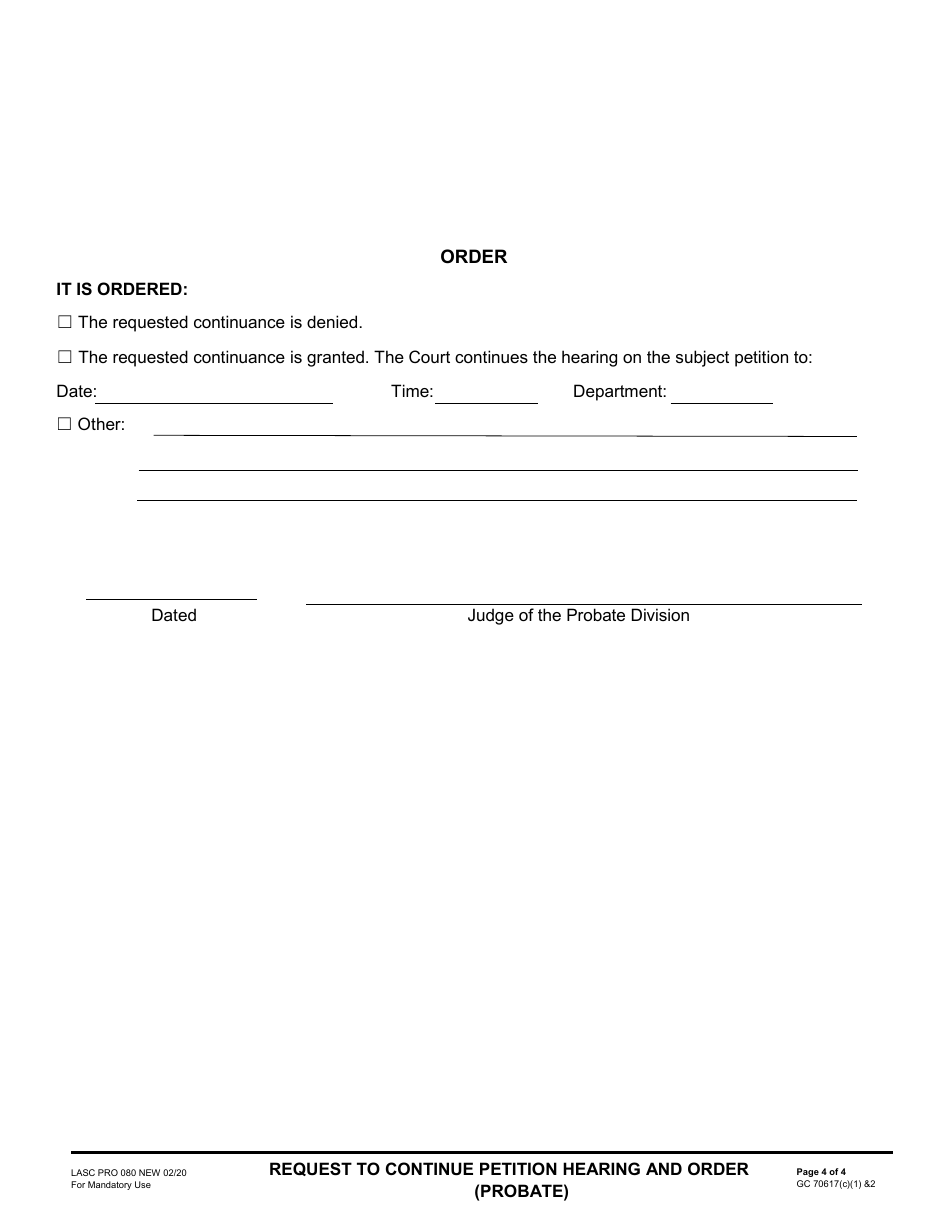 Form PRO080 Request to Continue Petition Hearing and Order (Probate) - County of Los Angeles, California, Page 4