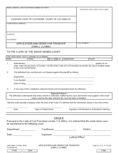 Form SMCL014 Application and Order for Transfer (Small Claims) - County of Los Angeles, California