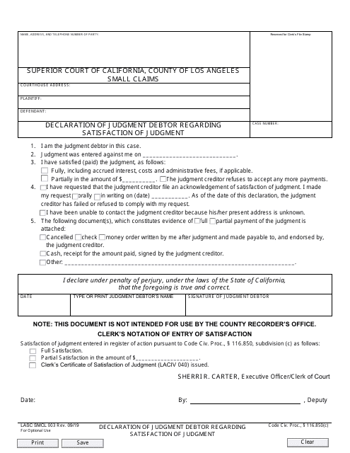 Form SMCL003 Declaration of Judgment Debtor Regarding Satisfaction of Judgment - County of Los Angeles, California