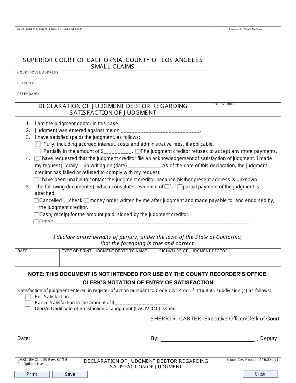 Form SMCL003 Declaration of Judgment Debtor Regarding Satisfaction of Judgment - County of Los Angeles, California, Page 1