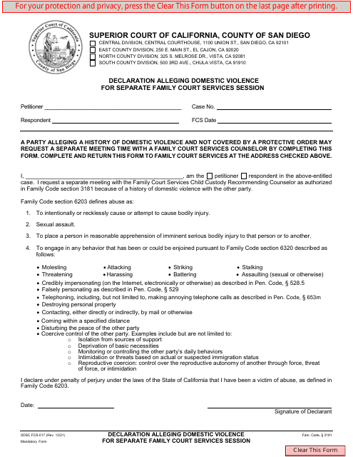 Form FCS-017 Declaration Alleging Domestic Violence for Separate Family Court Services Session - County of San Diego, California