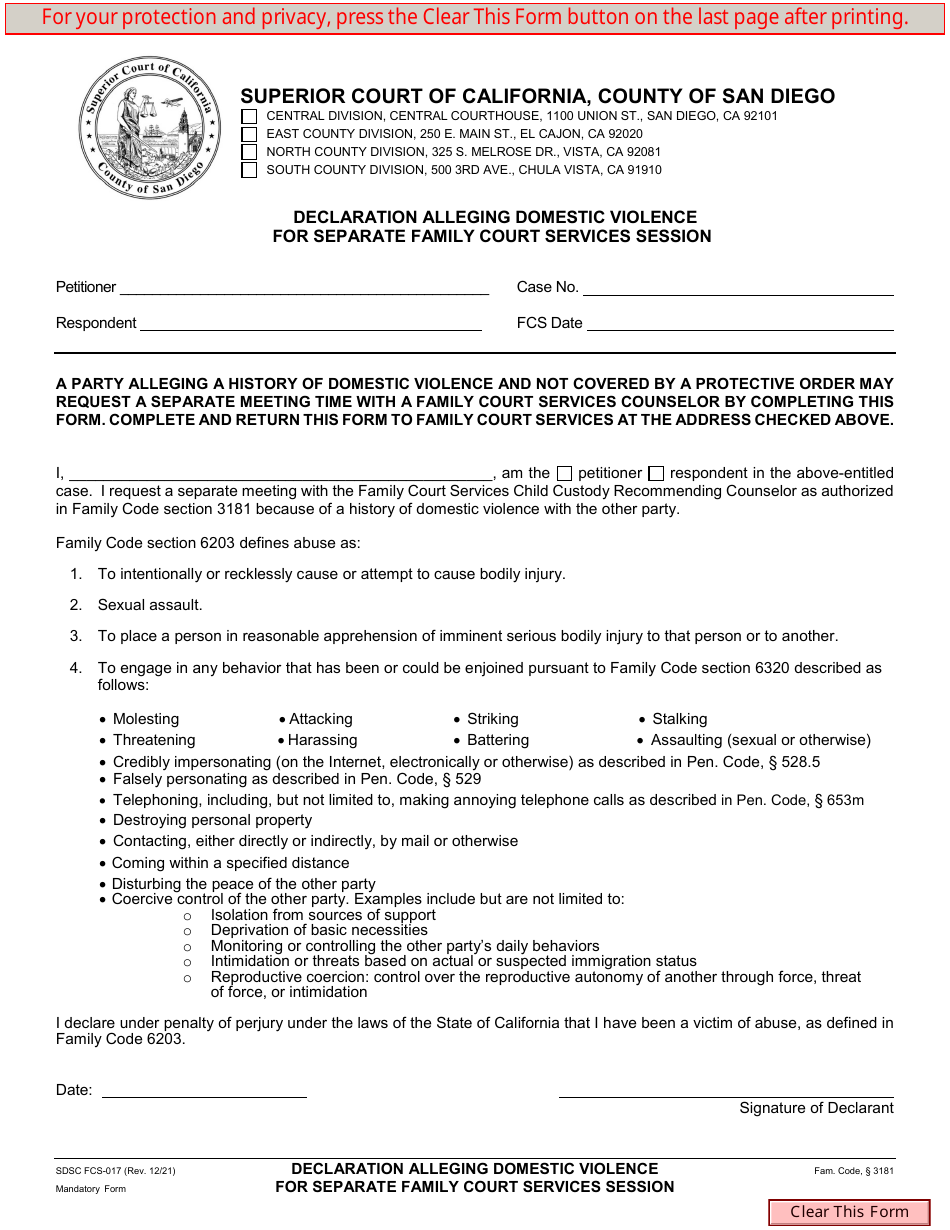 Form FCS-017 Declaration Alleging Domestic Violence for Separate Family Court Services Session - County of San Diego, California, Page 1