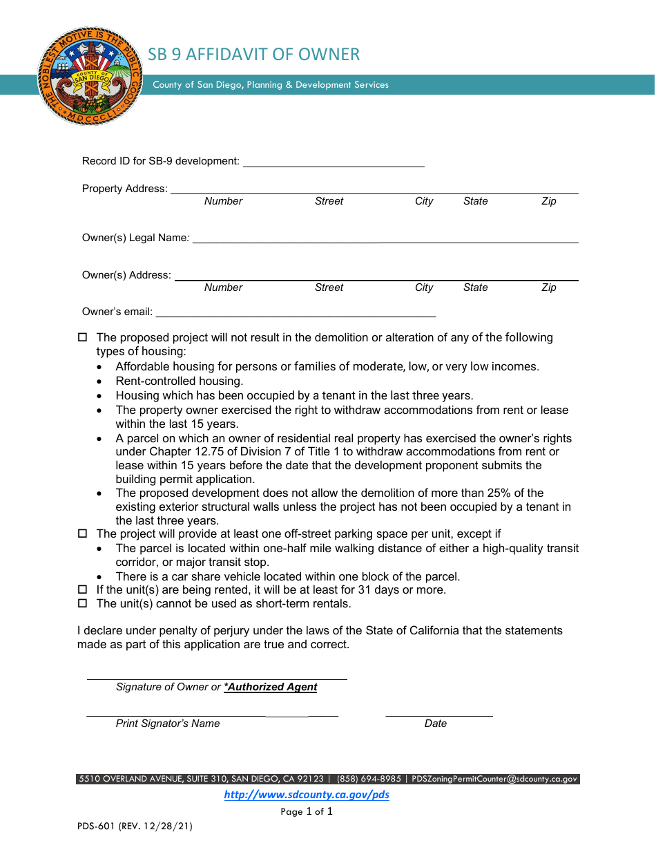 Form PDS-601 Sb 9 Affidavit of Owner - County of San Diego, California, Page 1