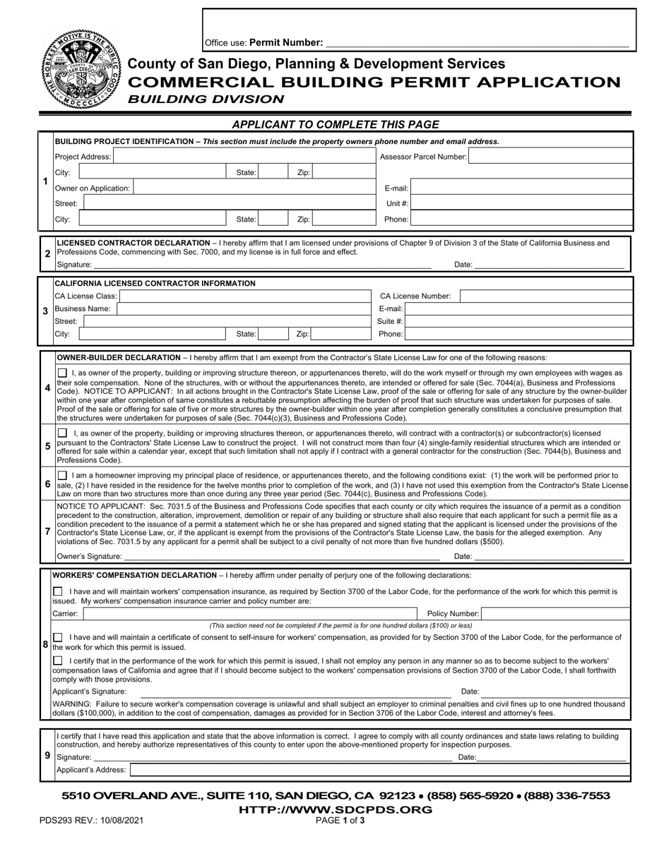 Form PDS293 Commercial Building Permit Application - County of San Diego, California, Page 1