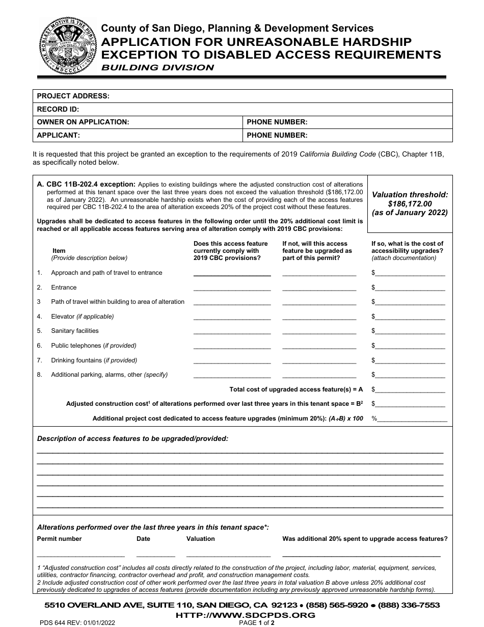 Form PDS644 Application for Unreasonable Hardship Exception to Disabled Access Requirements - County of San Diego, California, Page 1