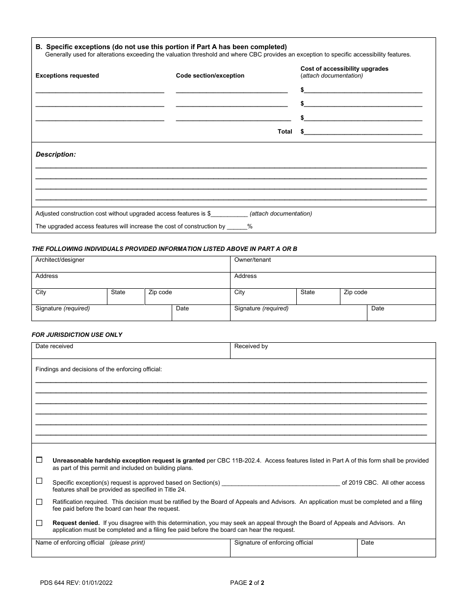 Form PDS644 Application for Unreasonable Hardship Exception to Disabled Access Requirements - County of San Diego, California, Page 2