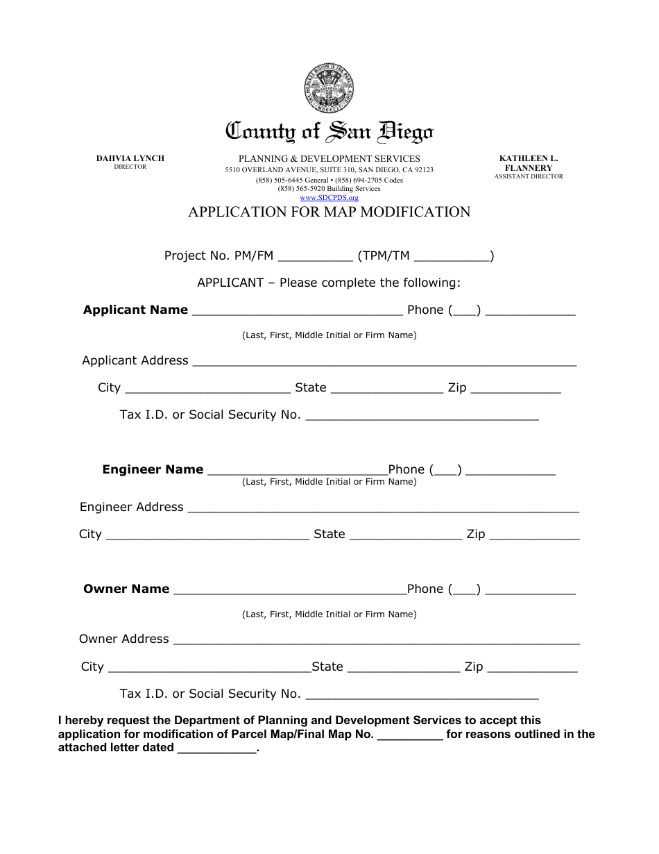 Application for Map Modification - County of San Diego, California, Page 1