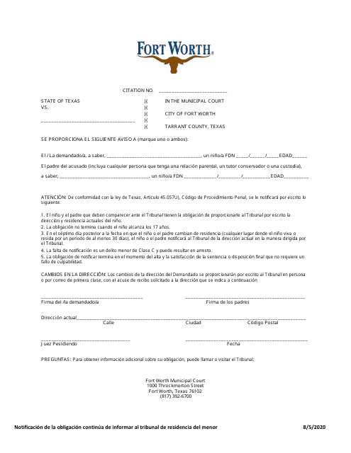 Notificacion De La Obligacion Continua De Informar Al Tribunal De Residencia Del Menor - City of Fort Worth, Texas (Spanish)