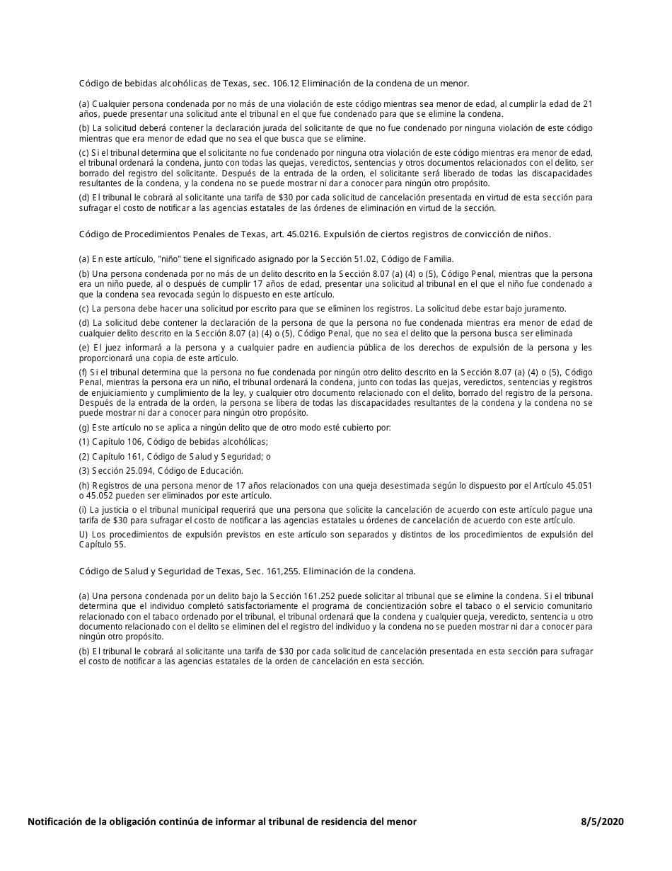 Notificacion De La Obligacion Continua De Informar Al Tribunal De Residencia Del Menor - City of Fort Worth, Texas (Spanish), Page 2
