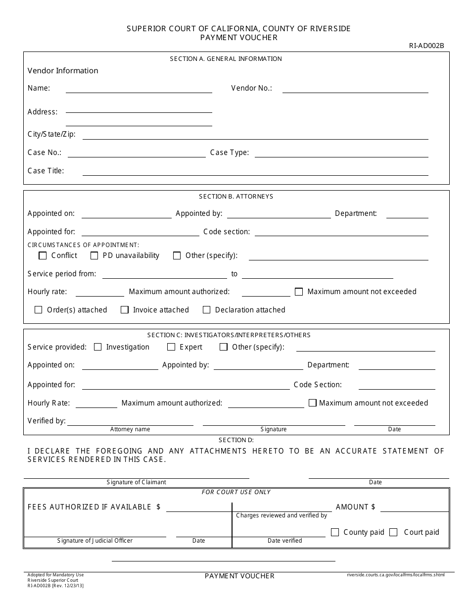 Form RI-AD002B Payment Voucher - County of Riverside, California, Page 3